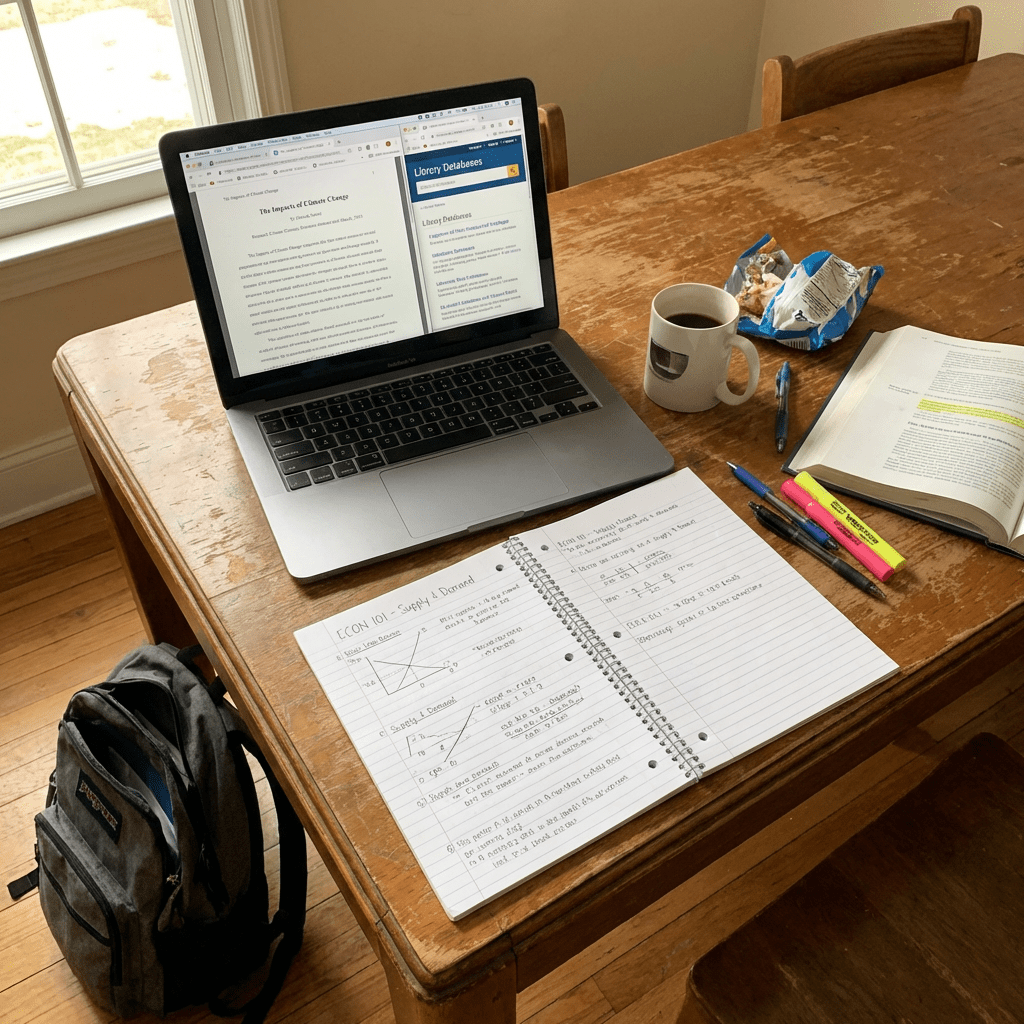 A laptop, handwritten economics notes, a textbook, and coffee on a wooden dining table.